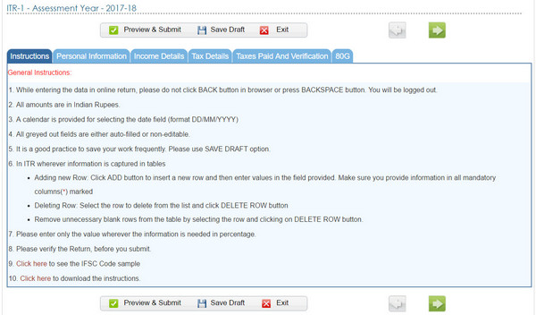 Instructions for filing ITR-1 online