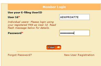 Income Tax E-filing login screen