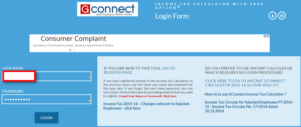 GConnect Income Tax Calculator with save option login form