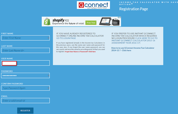GConnect Income Tax Calculator - Registration Form