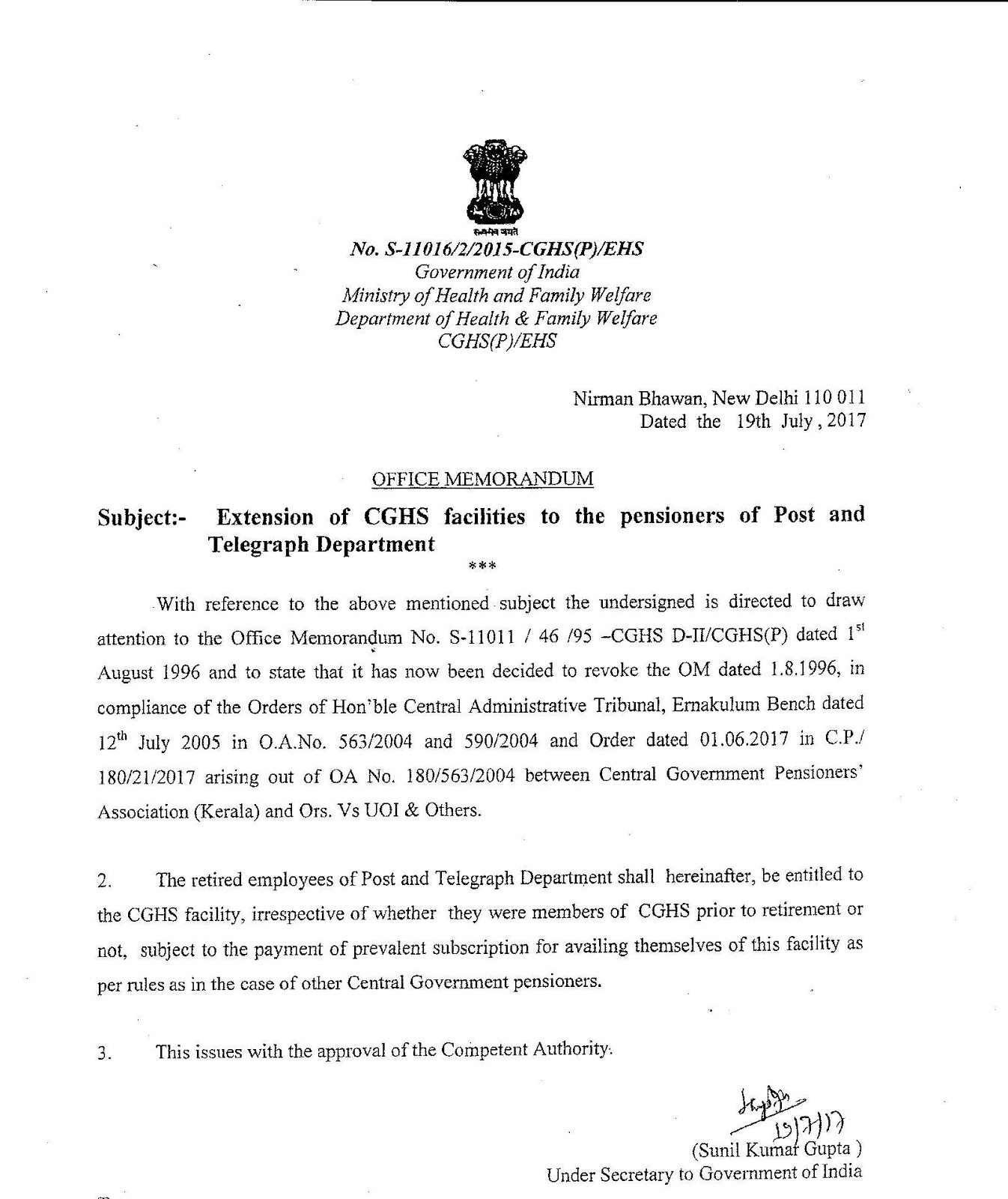 Extension of CGHS Facilities to Pensioners and Postal and Telegraph Department