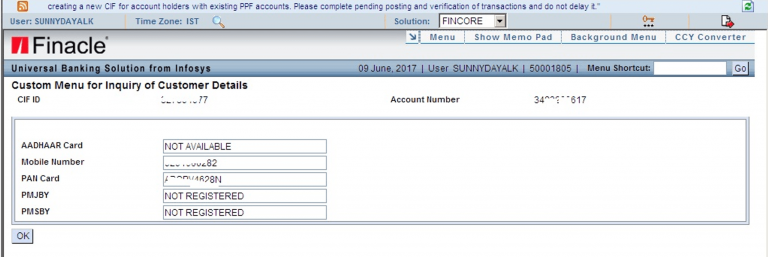 Online PAN verification functionality in Finacle CBS System: DOP