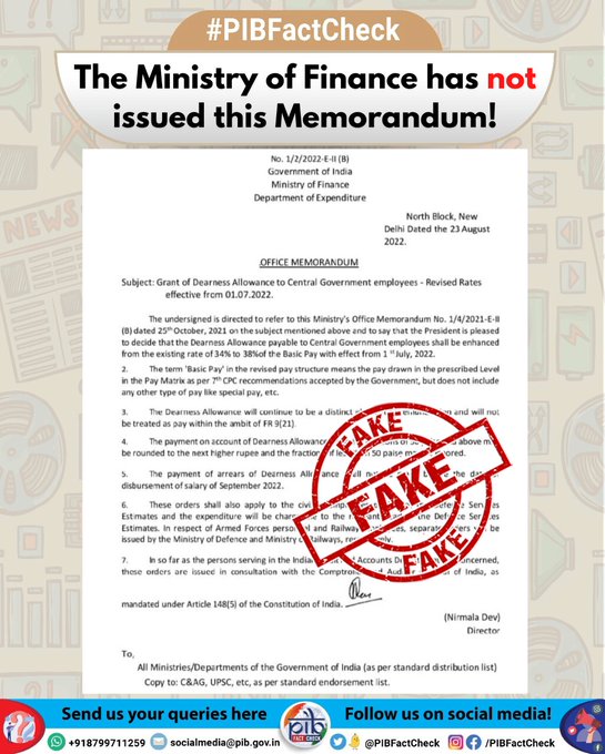 Department of Expenditure has not issued any such order A #Fake order circulating on #WhatsApp is claiming that the additional instalment of Dearness Allowance will be effective from 01.07.2022.