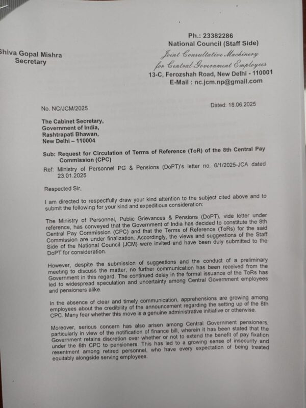 Staff Side Urges Early Clarity on 8th Central Pay Commission Terms of Reference