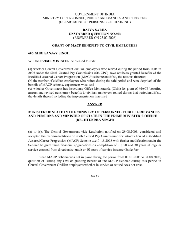Government Clarifies No MACP Benefits for Central Employees Who Retired Before 1 September 2008