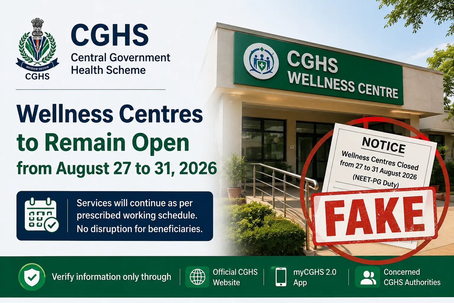 CGHS Wellness Centres to Remain Open Aug 27-31, 2026