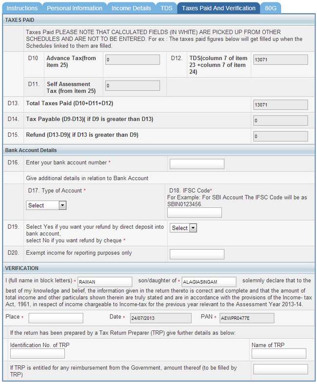 New Online Income Tax Return Filing tool - File ITR-1 Assessment Year 2013-14